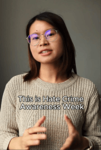 Woman saying 'this is hate crime awareness week'
